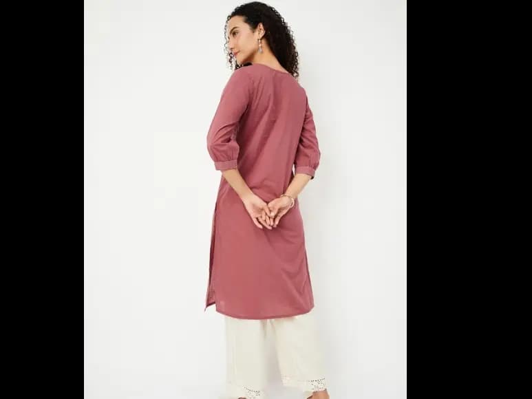Floral Woven Design V-Neck Straight Cotton Kurta (3)