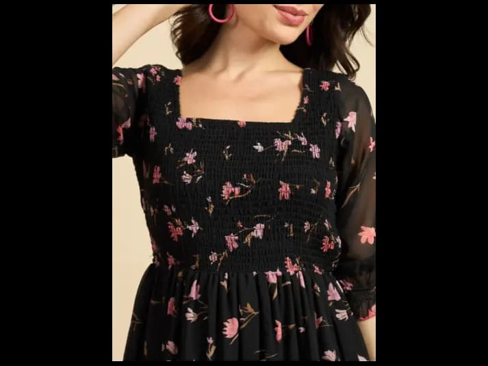 Floral Print Puff Sleeve Georgette Fit & Flare Midi Dress (5)