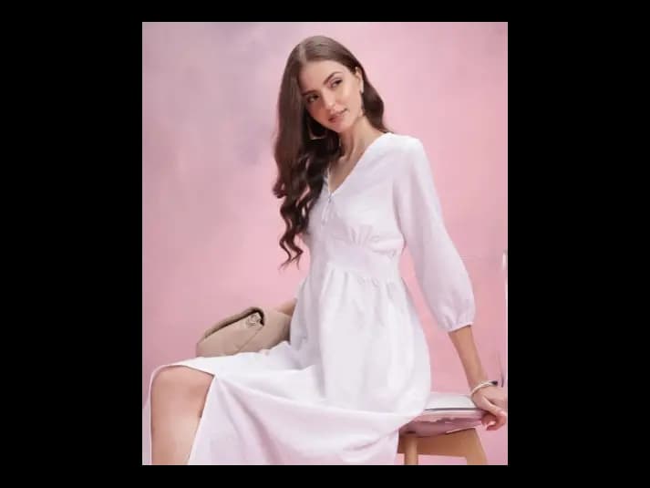Chevron Puff Sleeves A-Line Midi Dress (5)
