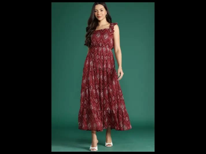 Print Flutter Sleeves Georgette Fit & Flare Maxi Dress