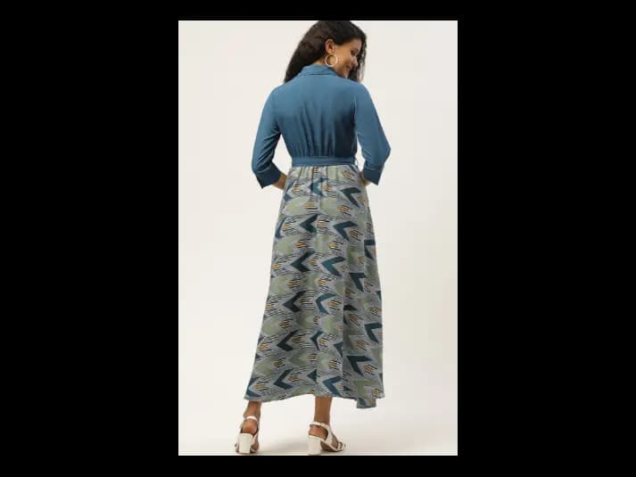 Teal Geometric Printed Shirt Collar Belted A-Line Midi Dress (3)