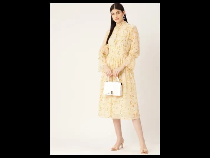 Beige Floral Print Puff Sleeve Fit & Flare Midi Dress (3)