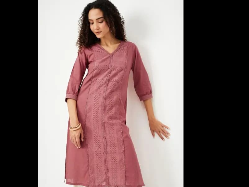 Floral Woven Design V-Neck Straight Cotton Kurta