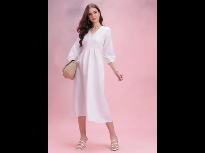 Chevron Puff Sleeves A-Line Midi Dress (3)