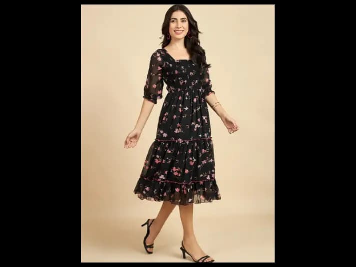 Floral Print Puff Sleeve Georgette Fit & Flare Midi Dress (4)