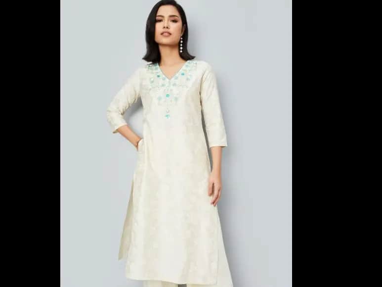 Floral Printed V-Neck Straight Kurta