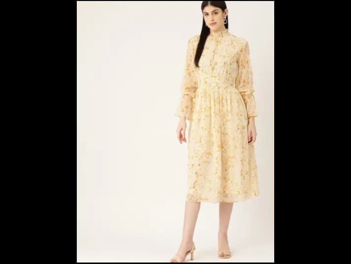 Beige Floral Print Puff Sleeve Fit & Flare Midi Dress
