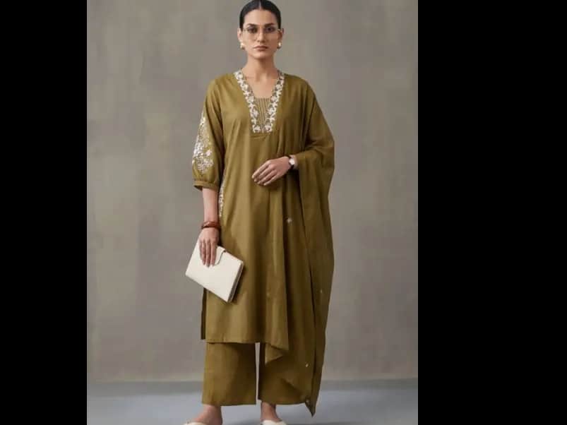 Floral Embroidered A-Line Cotton Kurta & Trousers Sets