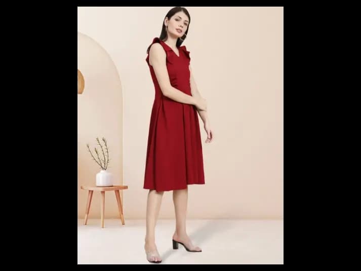 Women V-Neck Fit & Flared Dress with Ruffles (5)