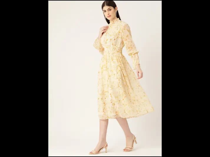 Beige Floral Print Puff Sleeve Fit & Flare Midi Dress (2)