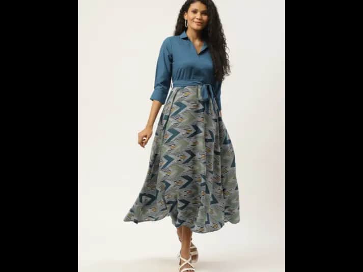 Teal Geometric Printed Shirt Collar Belted A-Line Midi Dress