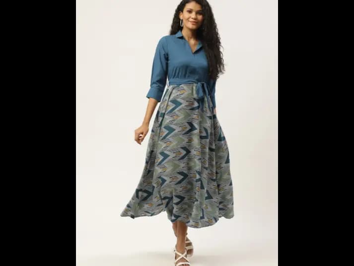 Teal Geometric Printed Shirt Collar Belted A-Line Midi Dress