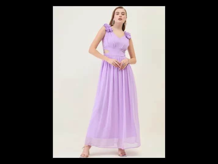 V-Neck Georgette Cut-Out Detailed Fit & Flare Maxi Dress