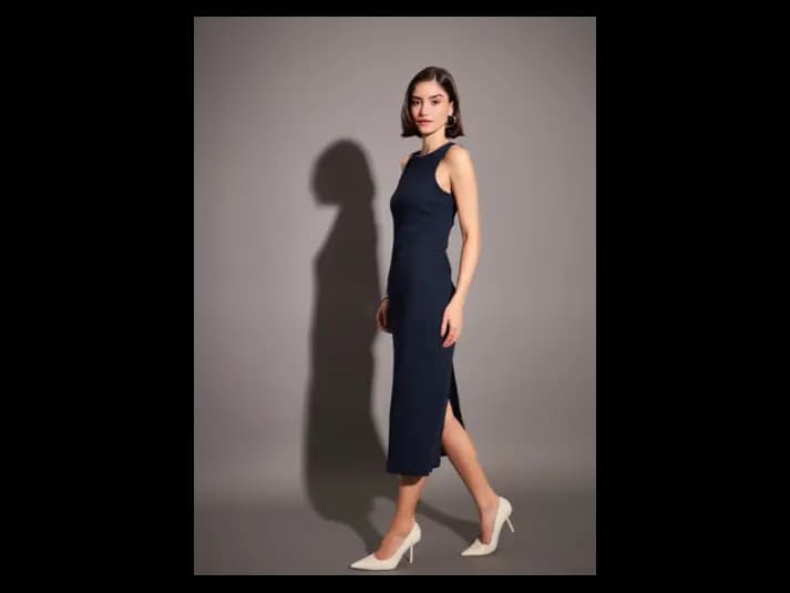 Navy Blue Ribbed Sheath Midi Dress (3)