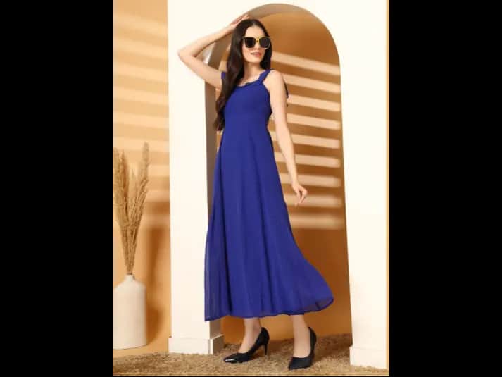 Georgette Round Neck Flutter Sleeves Fit & Flare Maxi Dress