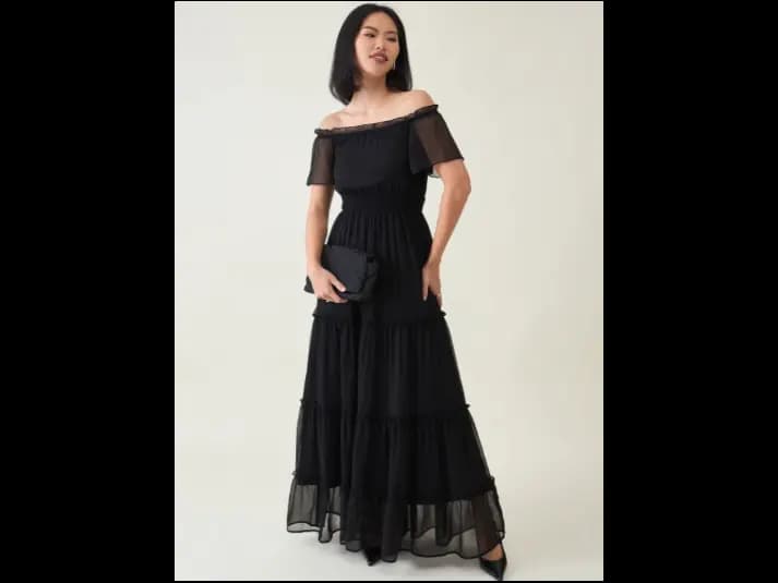 Women Off-Shoulder Tiered Smocked Chiffon Maxi Dress