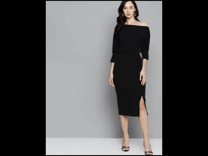 Black One-Shoulder Belted Drop Shoulder Midi Dress