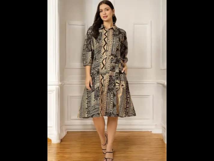 Ethnic Motifs Printed Puff Sleeve Fit & Flare Midi Dress