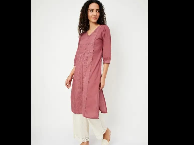 Floral Woven Design V-Neck Straight Cotton Kurta (2)
