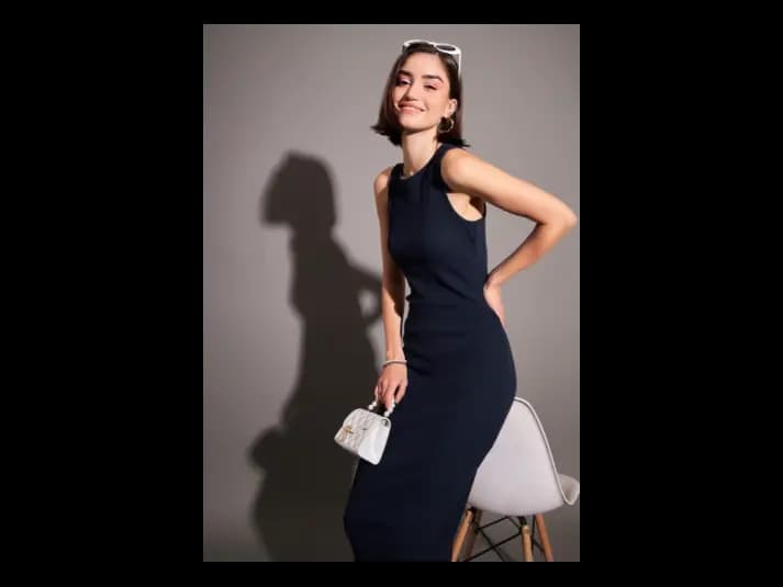 Navy Blue Ribbed Sheath Midi Dress (5)
