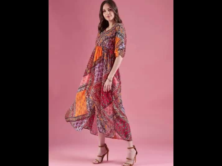 Ethnic Motifs Print Flared Sleeve Chiffon Empire Maxi Dress