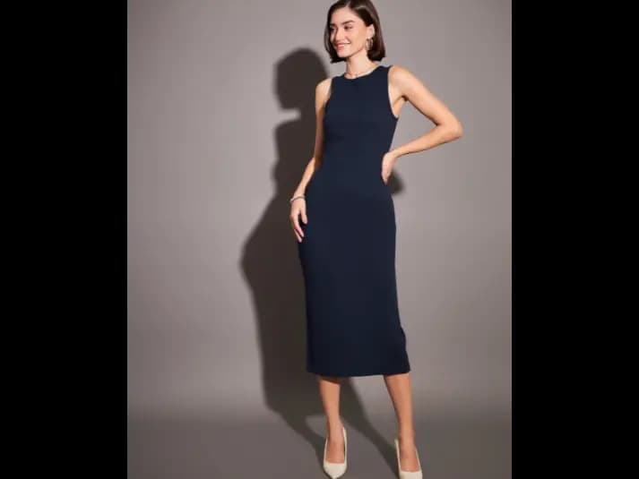 Navy Blue Ribbed Sheath Midi Dress (2)