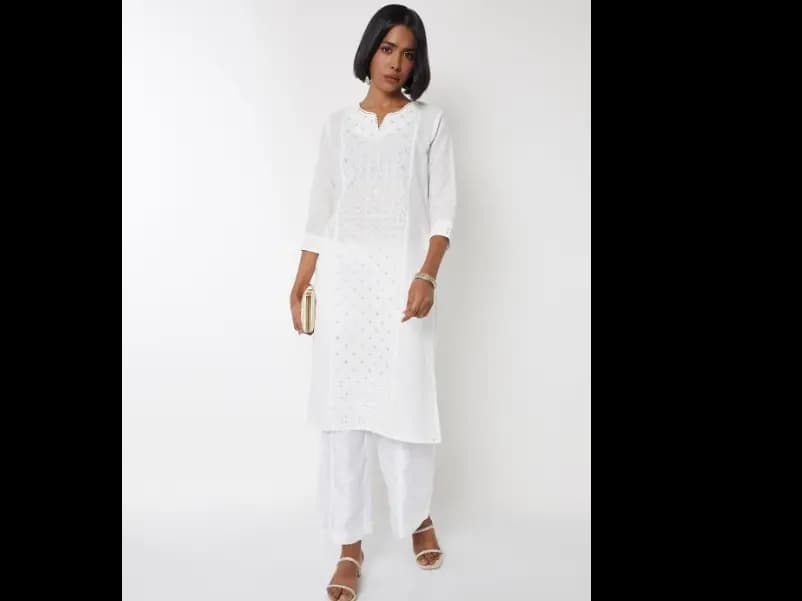 Geometric Embroidered Notch Neck Thread Work Cotton Straight Kurta (4)