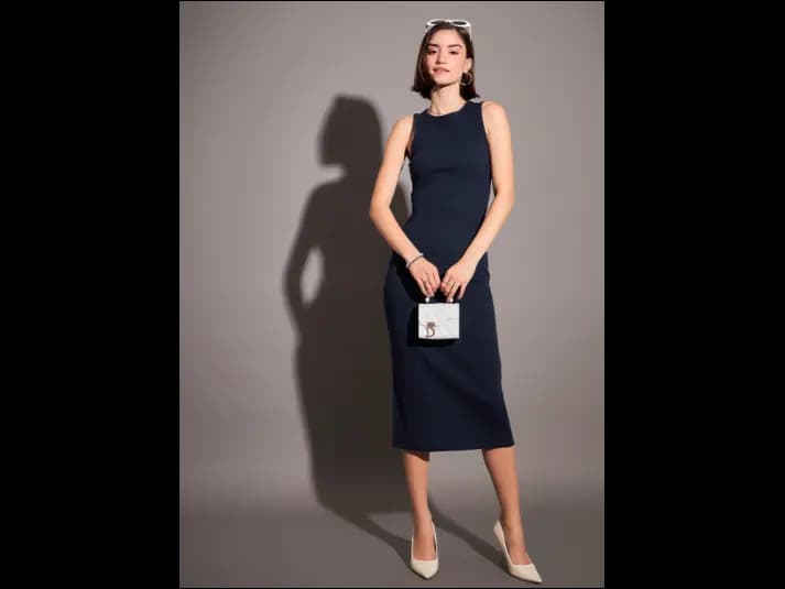 Navy Blue Ribbed Sheath Midi Dress