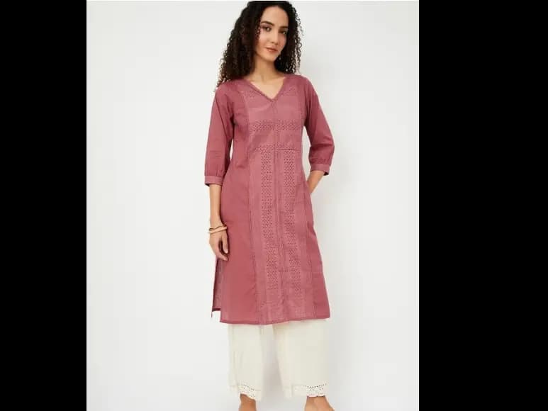 Floral Woven Design V-Neck Straight Cotton Kurta (4)