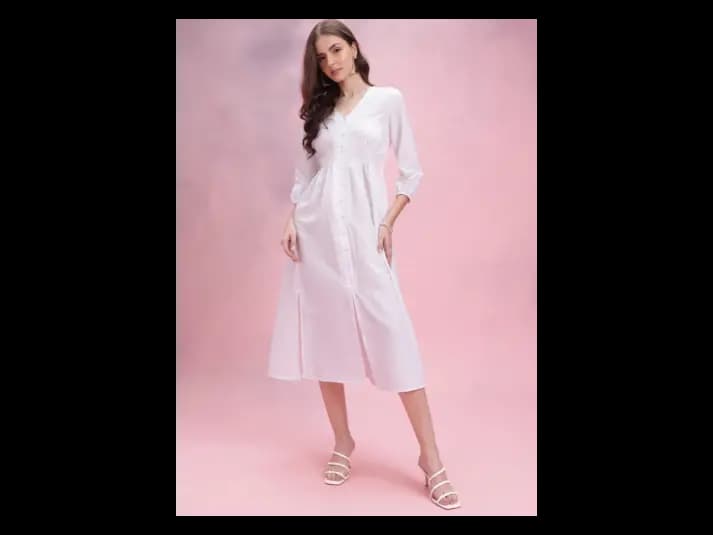 Chevron Puff Sleeves A-Line Midi Dress