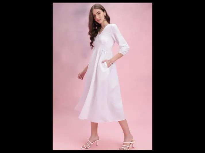 Chevron Puff Sleeves A-Line Midi Dress (2)
