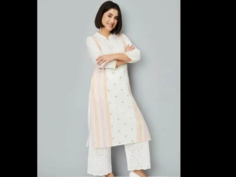 Striped Mandarin Collar Thread Work A-Line Kurta