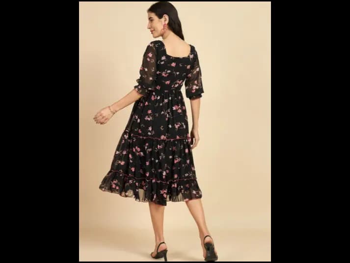 Floral Print Puff Sleeve Georgette Fit & Flare Midi Dress (3)