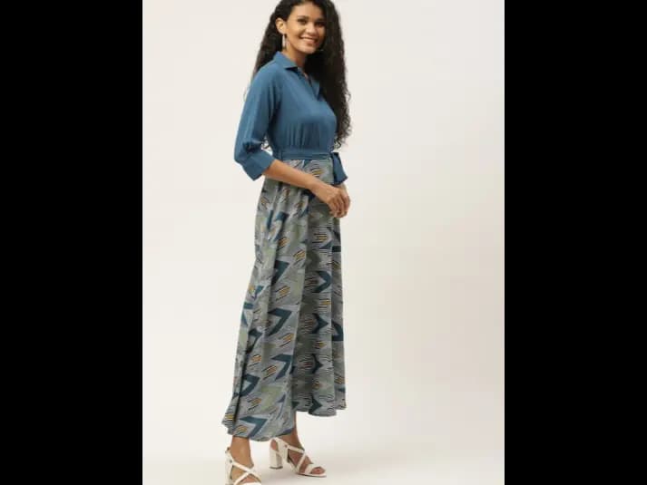 Teal Geometric Printed Shirt Collar Belted A-Line Midi Dress (2)