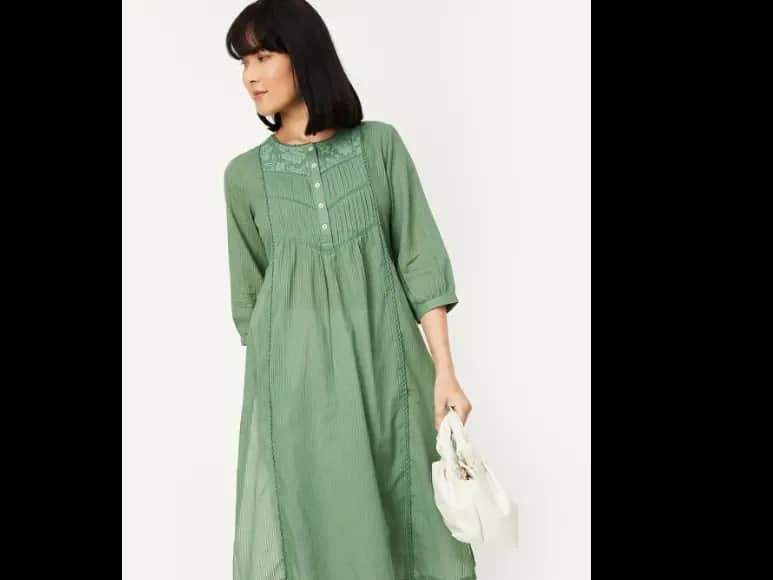 Striped Thread Work Pleated Cotton A-Line Kurta