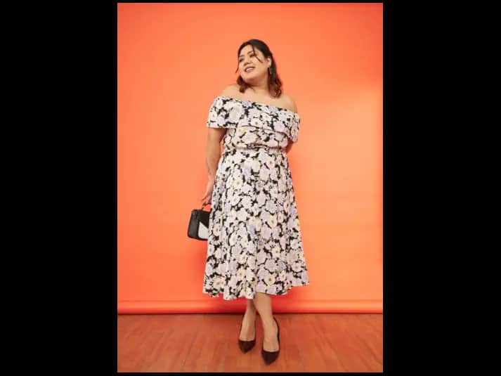 Plus Size Floral Printed Off-Shoulder Midi Dress