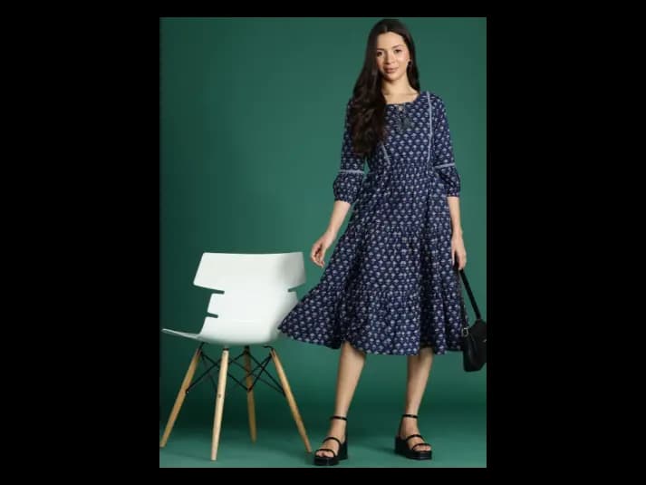 Floral Print Tie-Up Neck Puff Sleeves Fit & Flare Dress (2)