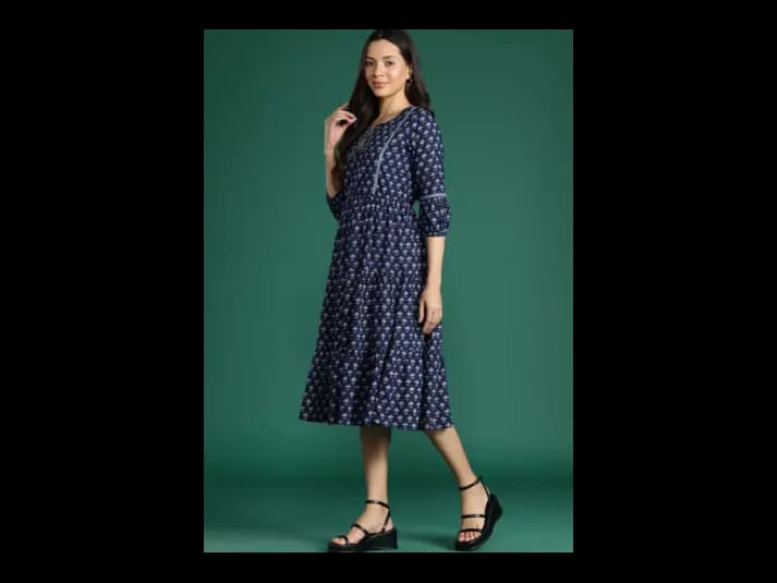 Floral Print Tie-Up Neck Puff Sleeves Fit & Flare Dress (3)