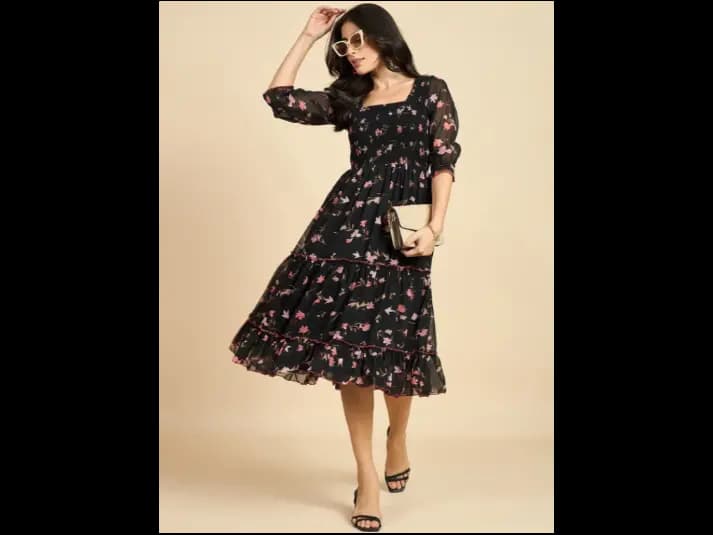 Floral Print Puff Sleeve Georgette Fit & Flare Midi Dress