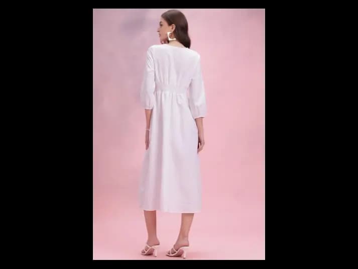 Chevron Puff Sleeves A-Line Midi Dress (4)