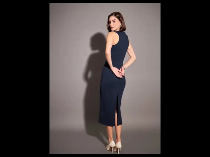 Navy Blue Ribbed Sheath Midi Dress (4)