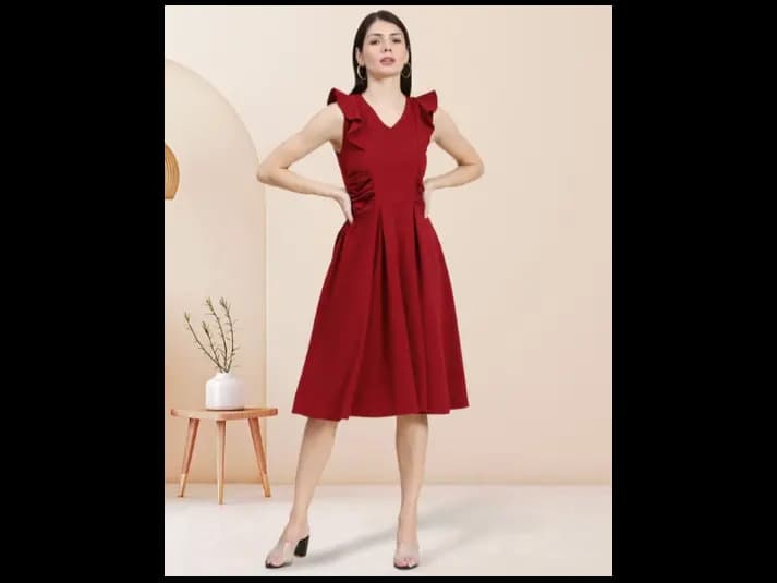 Women V-Neck Fit & Flared Dress with Ruffles