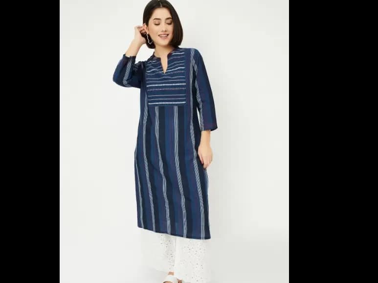 Women Striped Thread Work V-Neck Straight Kurta (4)