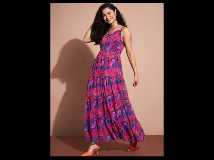 Floral Printed Shoulder Strap Fit and Flare Maxi Dress