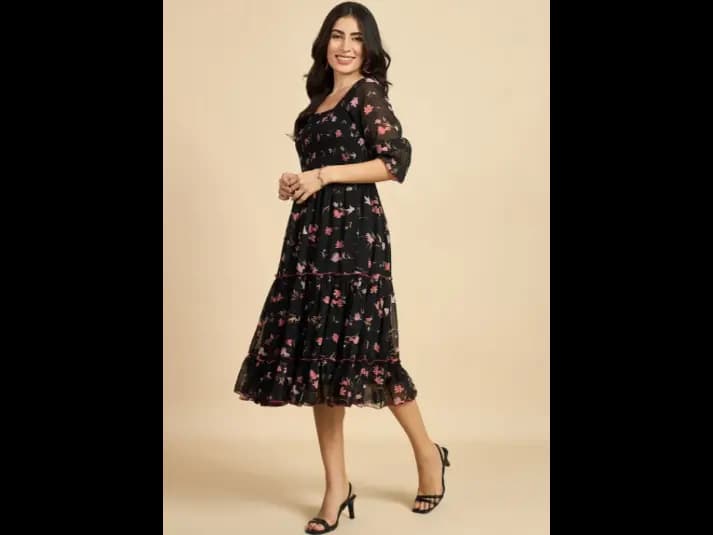 Floral Print Puff Sleeve Georgette Fit & Flare Midi Dress (2)