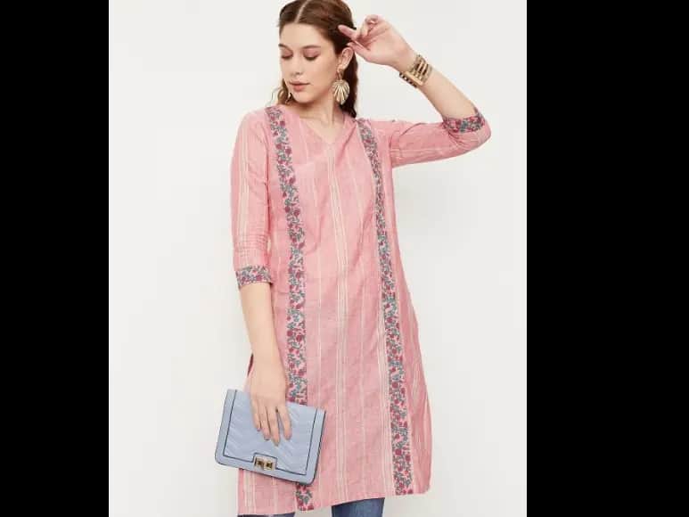 Floral Printed V Neck Cotton Kurta