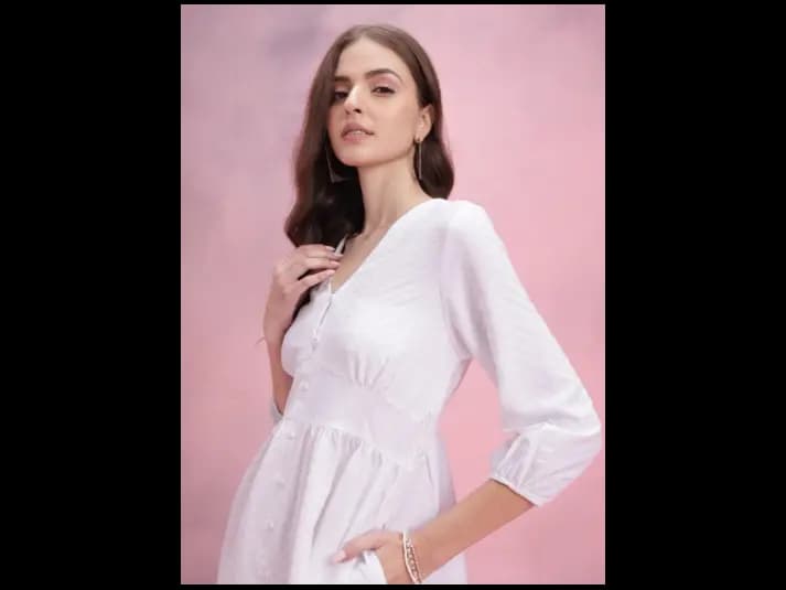 Chevron Puff Sleeves A-Line Midi Dress (6)