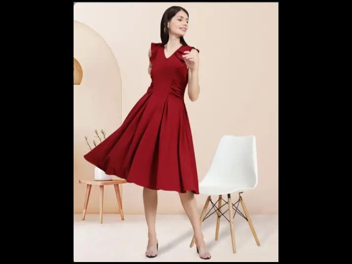 Women V-Neck Fit & Flared Dress with Ruffles (3)