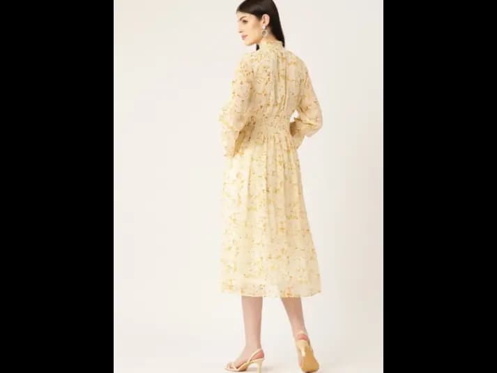 Beige Floral Print Puff Sleeve Fit & Flare Midi Dress (4)
