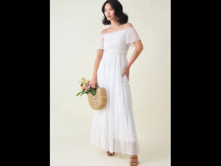 Women Off-Shoulder Smocked Tiered Maxi Dress (2)
